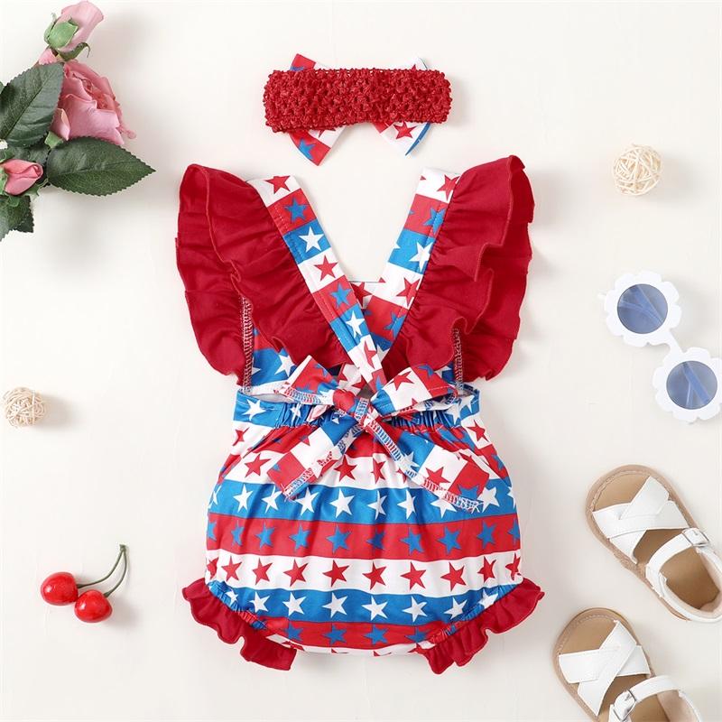 Baby Girl Independence Day Pentagram Print Striped Bodysuit & Headband - PrettyKid