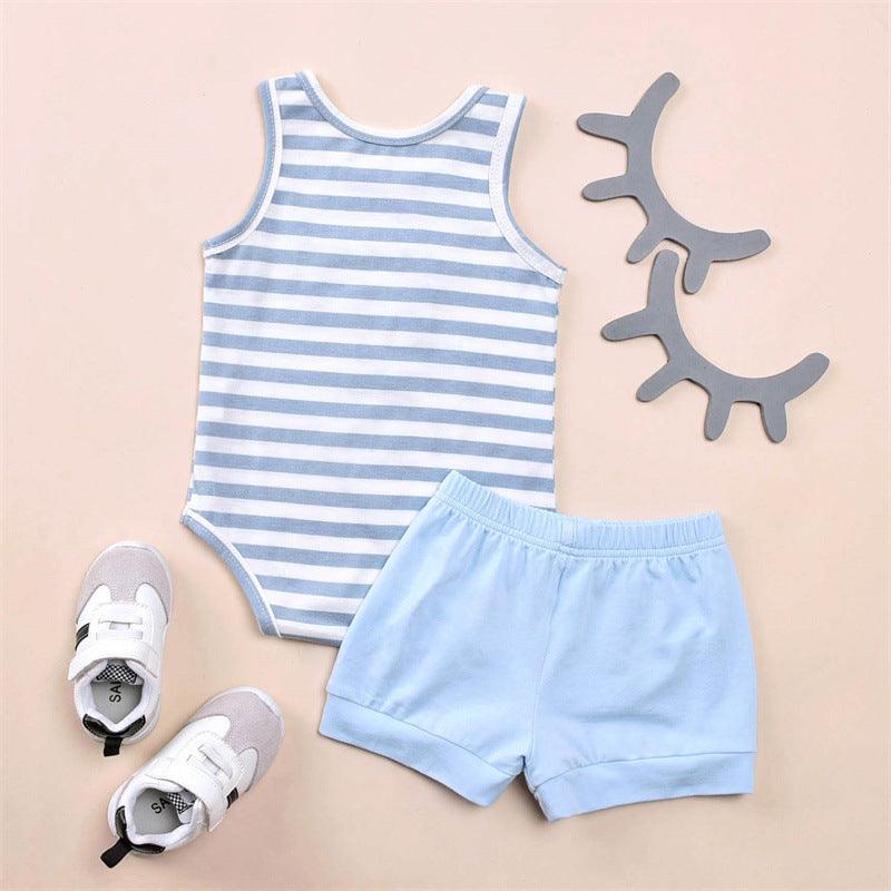 Baby Boys Crocodile Pattern Sleeveless Striped Bodysuit And Shorts Wholesale Baby Sets - PrettyKid