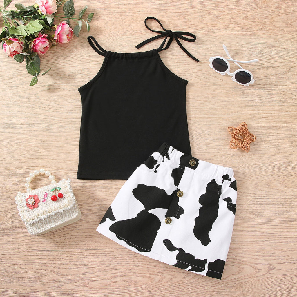 18M-6Y Toddler Girls Clothing Sets Halter Cami Tops & Cow Print Hip Skirt Wholesale Girls Clothes - PrettyKid