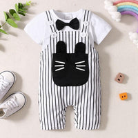 Baby Boy Bow Tie Decor T-shirt & Cartoon Cat Pattern Striped Overalls - PrettyKid