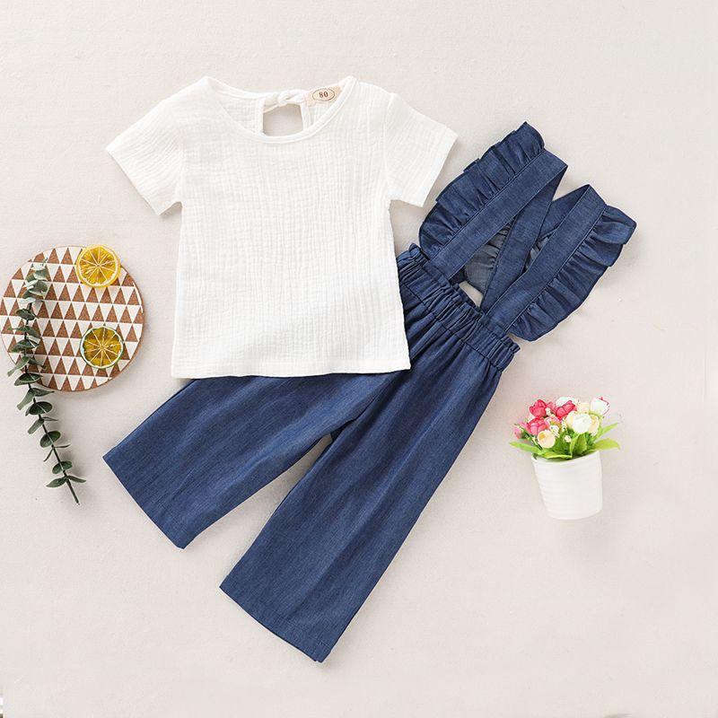 2-piece Solid T-shirt & Ruffle Denim Dungarees for Toddler Girl Wholesale children's clothing - PrettyKid