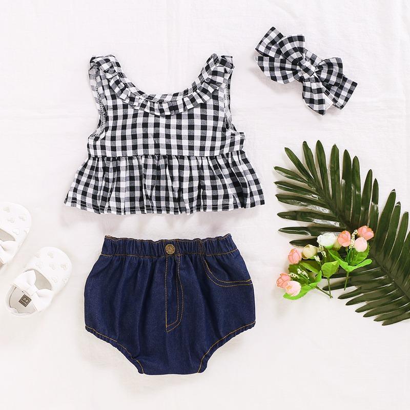 3-piece Plaid Tops & Short & Headband for Baby Girl Children's Clothing - PrettyKid