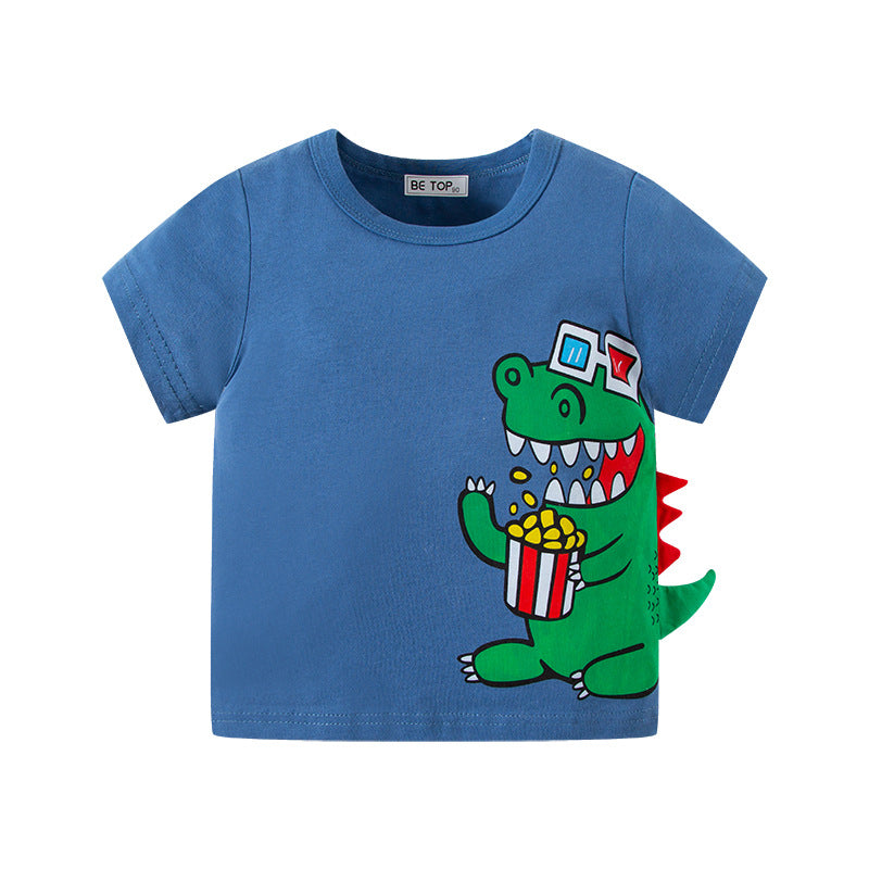 Boy Short-Sleeved Cartoon Dinosaur Print T-Shirt Wholesale Toddler T Shirts - PrettyKid