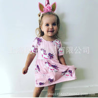 Cartoon Unicorn Print Pink Short Sleeve Princess Dress Little Girl Wholesale Boutique Clothing - PrettyKid