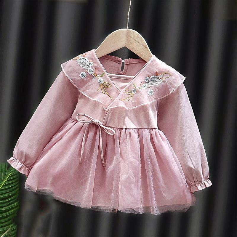 us children's wholesale clothing Baby Girl Embroidery Pattern Solid Color Dress - PrettyKid