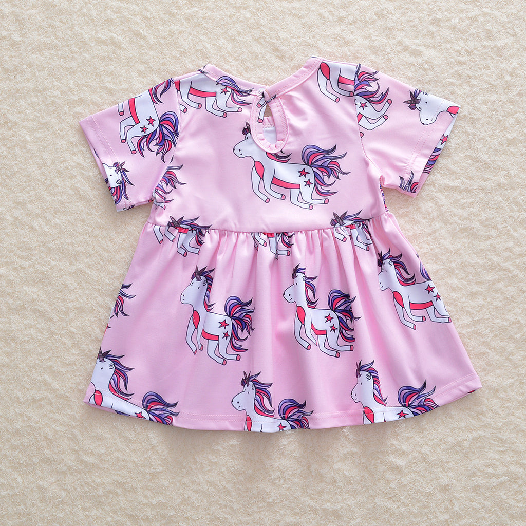 Cartoon Unicorn Print Pink Short Sleeve Princess Dress Little Girl Wholesale Boutique Clothing - PrettyKid
