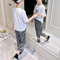 Girl Bear Pattern T-shirt & Zebra Stripe Print Pants - PrettyKid