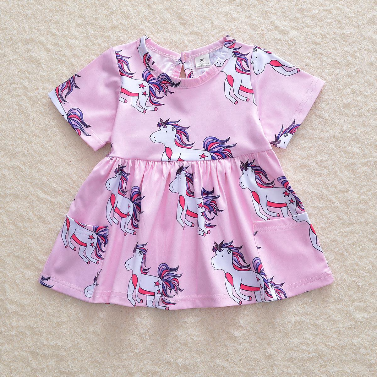 Cartoon Unicorn Print Pink Short Sleeve Princess Dress Little Girl Wholesale Boutique Clothing - PrettyKid