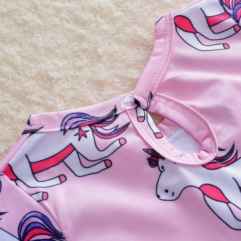 Cartoon Unicorn Print Pink Short Sleeve Princess Dress Little Girl Wholesale Boutique Clothing - PrettyKid