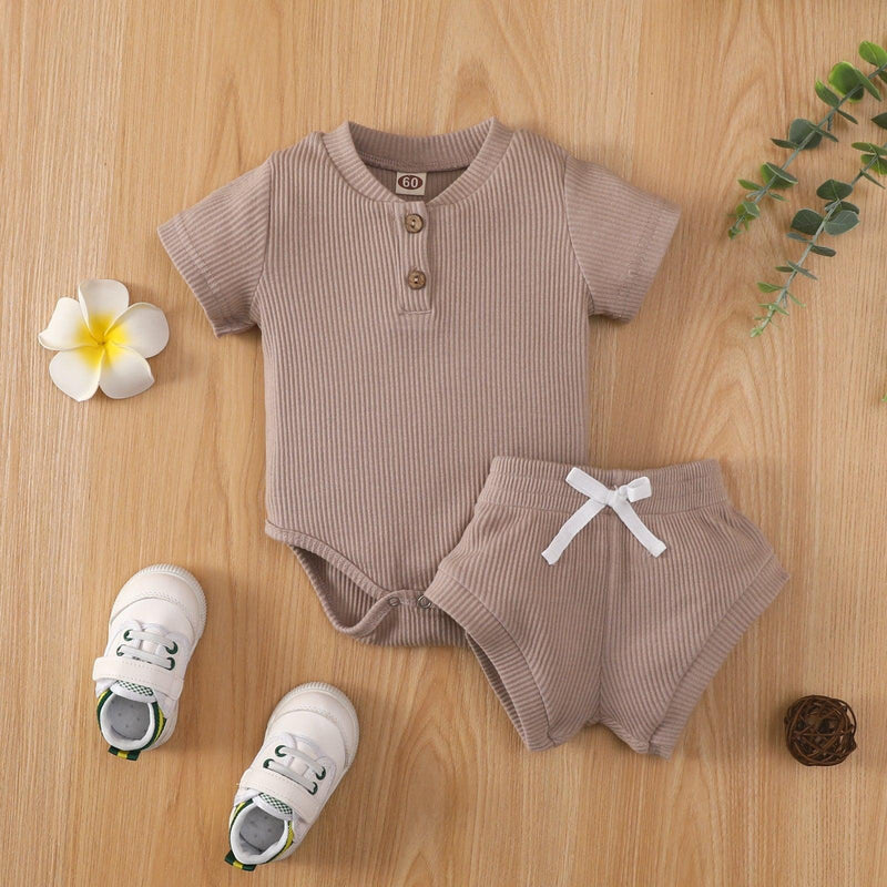 Baby Boy Solid Ribbed Bodysuit And Briefs Baby Outfit Sets - PrettyKid