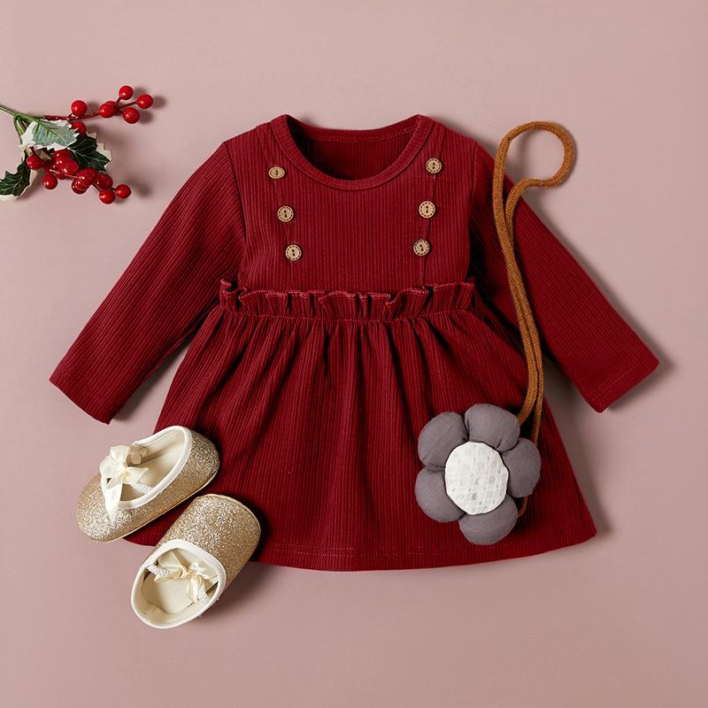 Cotton Solid Long-sleeved Dress - PrettyKid