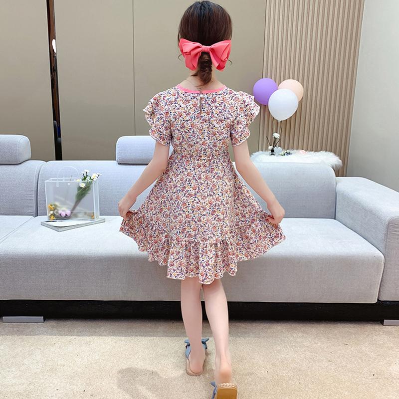 Kid Girl Double Ruffle Sleeves Ruffle Hem Floral Print Dress - PrettyKid