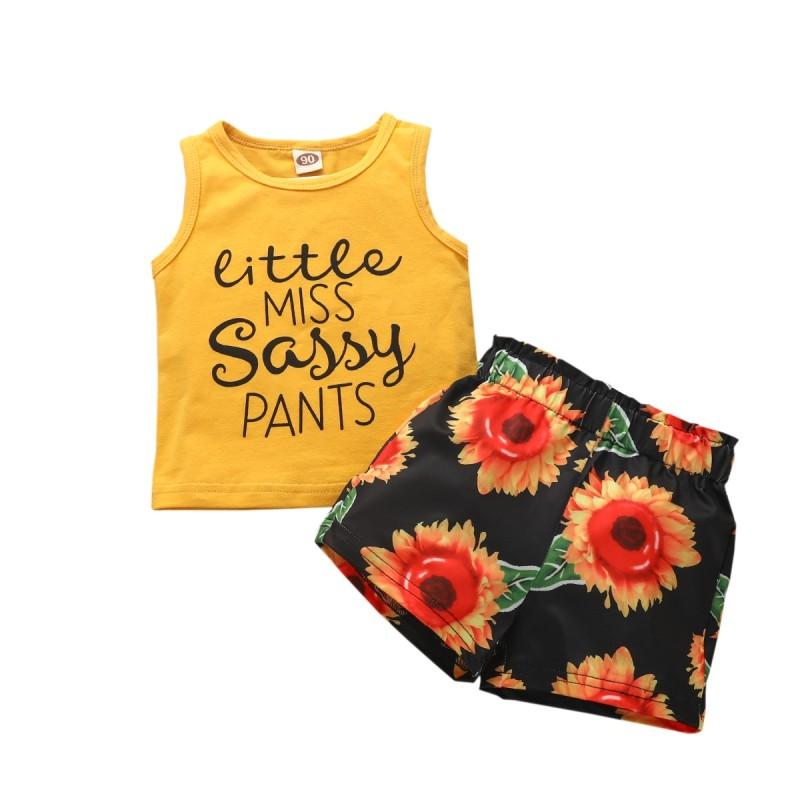 Letter Print Tank and Sunflower Print Shorts Set Wholesale children's clothing - PrettyKid