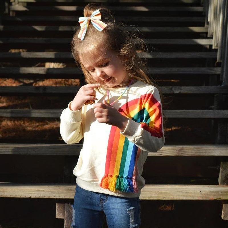 Children's Tassel Rainbow Sun Printed Long Sleeve Sweater T-shirt - PrettyKid