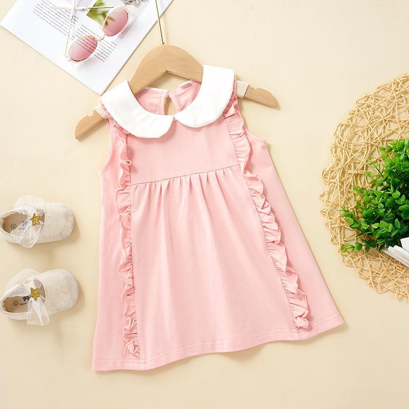 Baby Girl Ruffle Trim Peter Pan Collar Sleeveless Dress - PrettyKid