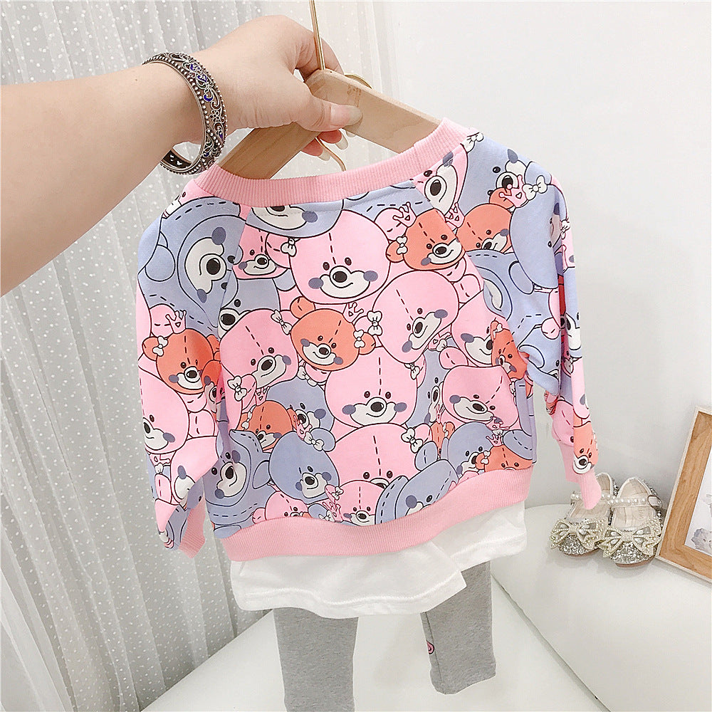 2 Piece Fake Two Bear Print Sweater And Trousers Toddler Girl Sets - PrettyKid