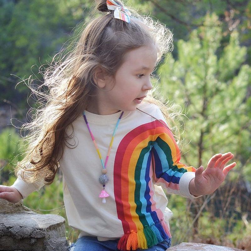 Children's Tassel Rainbow Sun Printed Long Sleeve Sweater T-shirt - PrettyKid