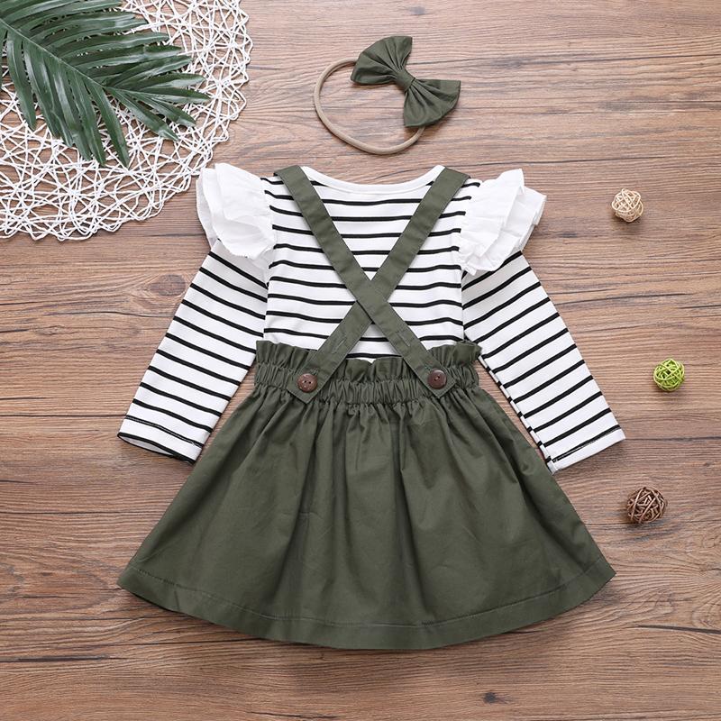 3-piece Ruffle Striped Tops & Strap Dresses & Headband for Toddler Girl - PrettyKid