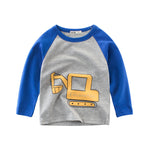 Toddler Kids Boys Solid Color Contrast Cartoon Car Print Long Sleeve T-Shirt - PrettyKid