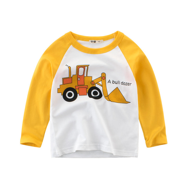 Toddler Kids Boys Solid Color Contrast Cartoon Car Print Long Sleeve T-Shirt - PrettyKid