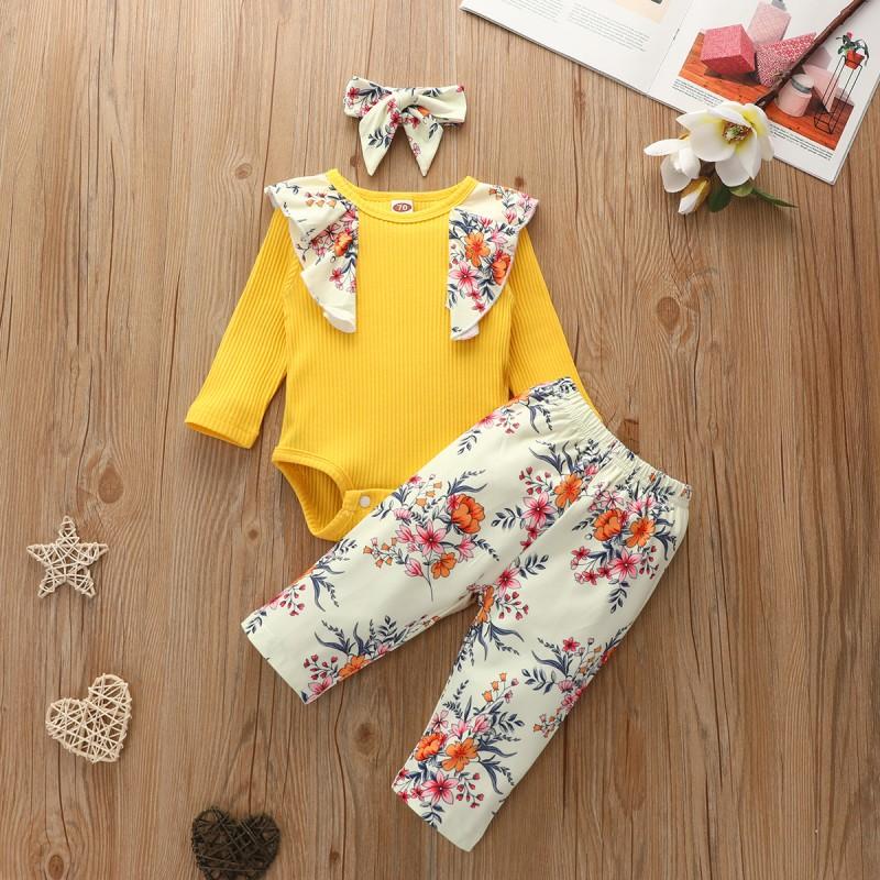 3-piece Floral Printed Bodysuit & Pants & Headband for Baby Girl Wholesale children's clothing - PrettyKid