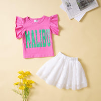 18M-6Y Toddler Girls Outfits Sets Letter Print Flutter Sleeve Top & Mesh Skirts Fashion Girl Wholesale