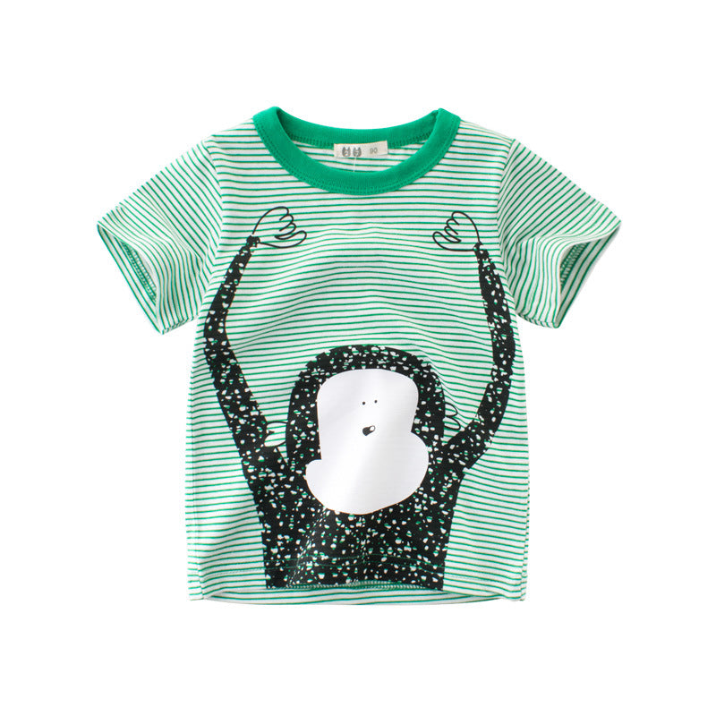 Toddler Kids Boys Green Striped Cartoon Monkey Print Short Sleeve T-shirt Top - PrettyKid