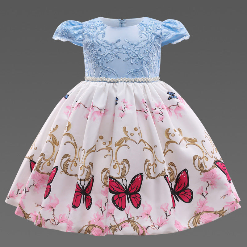 Butterfly Print Bow Pearl Princess Dress For Kids - PrettyKid
