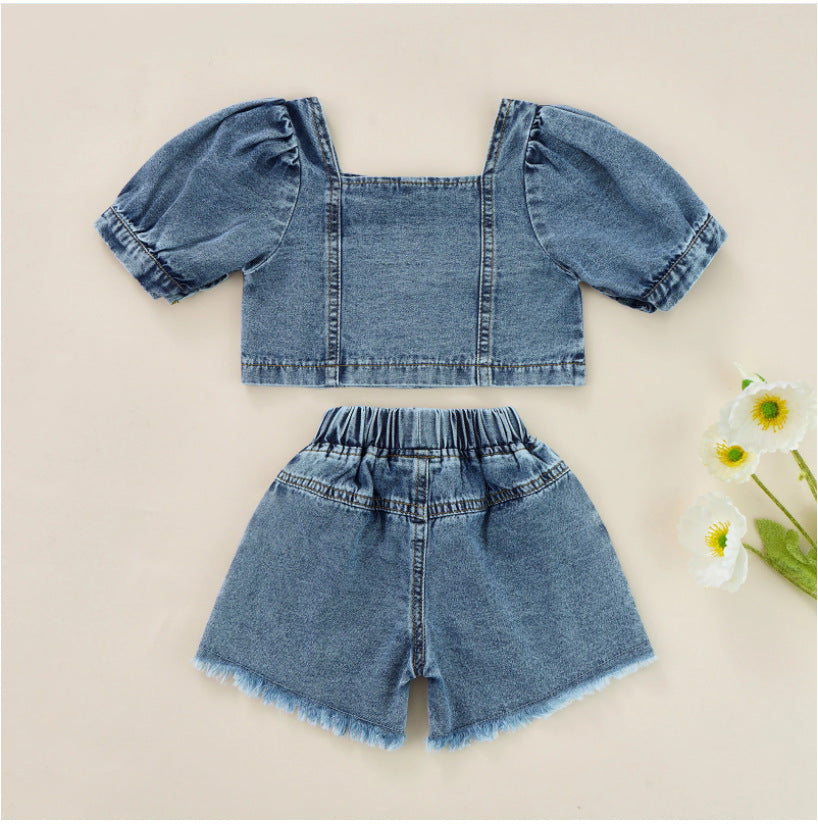 9M-4Y Toddler Girls Outfits Sets Denim Square Collar Button Top & Daisy Shorts Wholesale Girls Clothes - PrettyKid