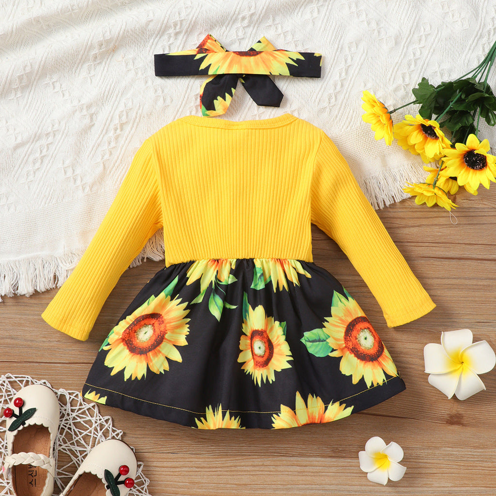 3months-3years Baby Toddler Girl Dress & Hair Band Children Dress Wholesale Sunflower Print - PrettyKid