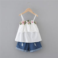 Toddler Girl Embroidered Flower Decor Tiered Cami Top & Ripped Denim Short - PrettyKid