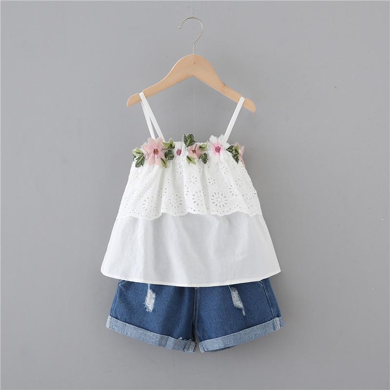 Toddler Girl Embroidered Flower Decor Tiered Cami Top & Ripped Denim Short - PrettyKid