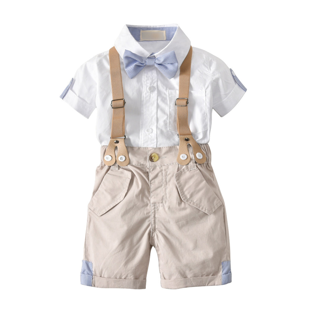Toddler Boys Summer Cotton Solid Color Bow Tie Gentleman Suspender Shorts Short Sleeved Shirt Set - PrettyKid
