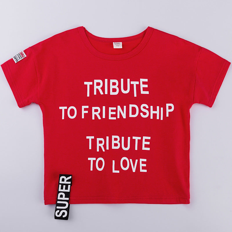 Kids Boys Girls Solid Letter Print Short Sleeve T-shirt Contrast Denim Shorts Set - PrettyKid