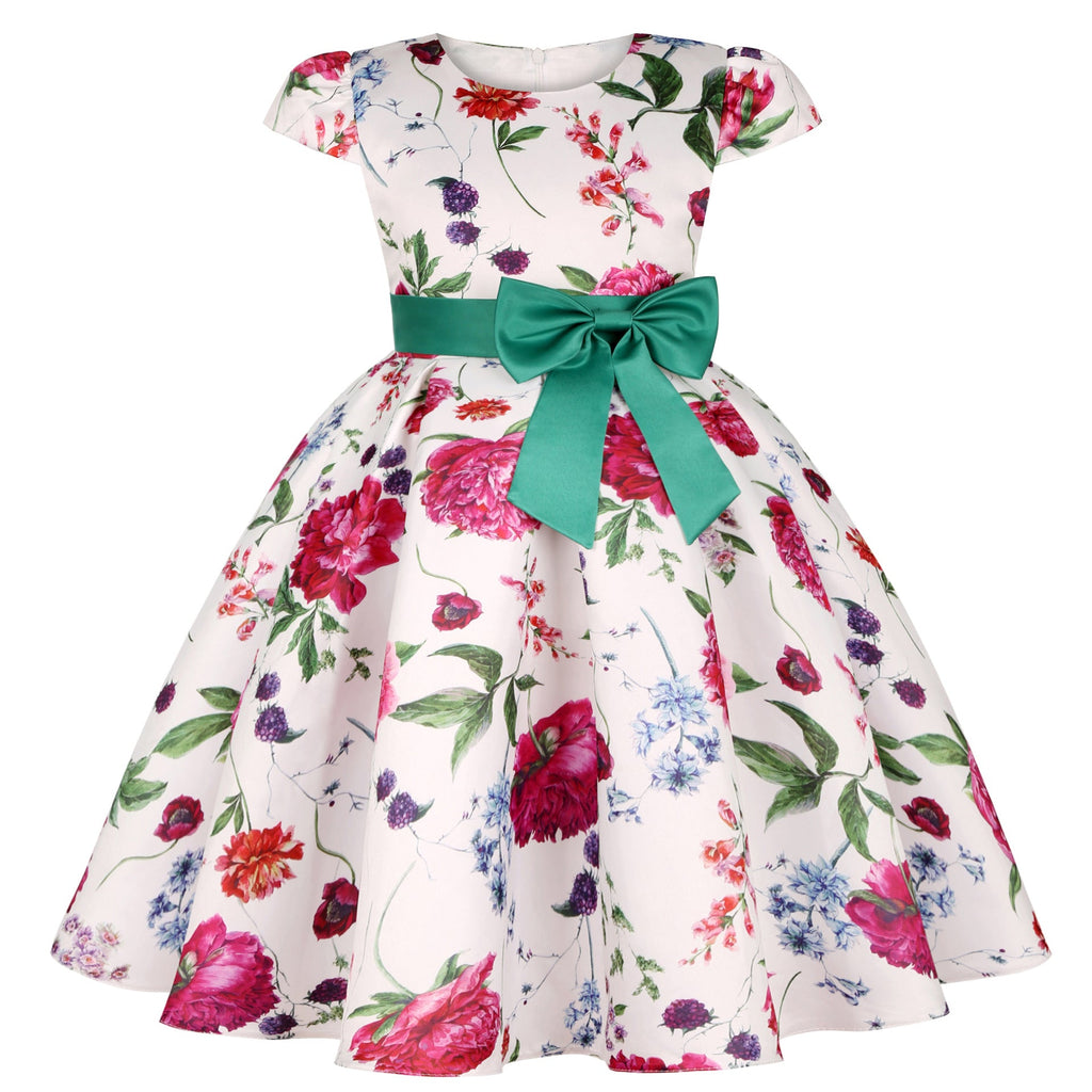 Bow Vintage Flower Print Wholesale Girls Party Dresses - PrettyKid