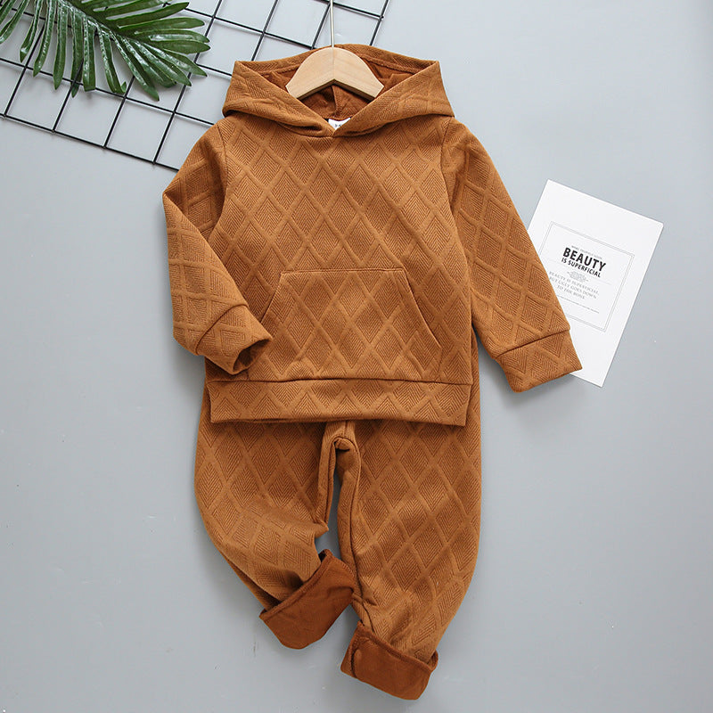 Brown Grid Hooded Sweatshirt And Pants Wholesale Boy Clothes Sets - PrettyKid