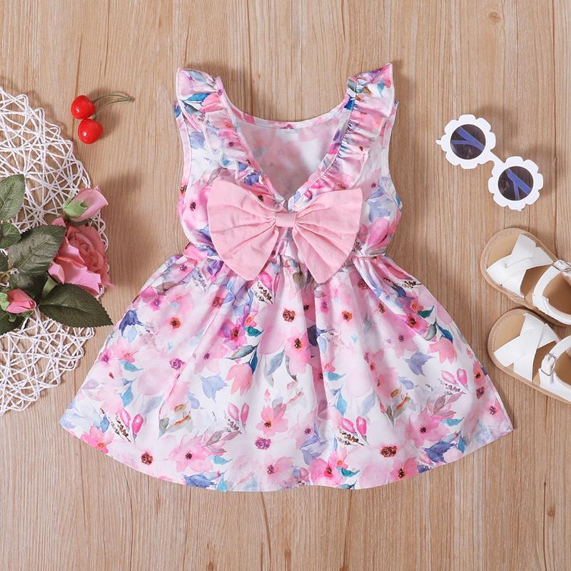 Toddler Girl Bowknot Decor Sleeveless Backless Floral Dress - PrettyKid