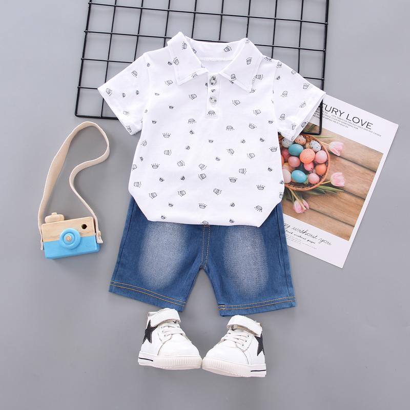 2-piece Crown Printed Polo Shirt & Jeans for Toddler Boy Wholesale children's clothing - PrettyKid