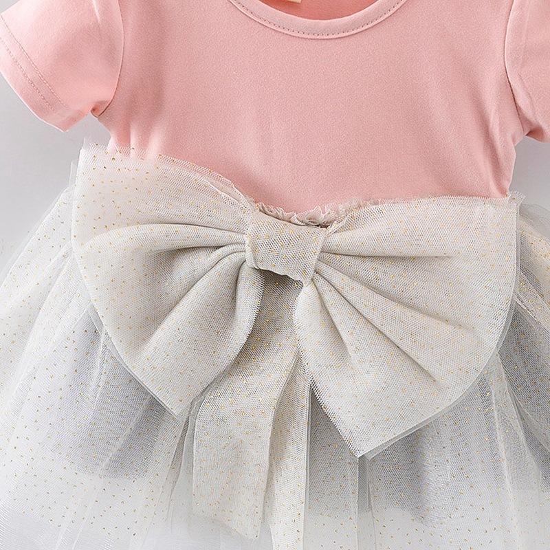 Baby Girls Bow Mesh Splice Color Contrast Princess Dress - PrettyKid
