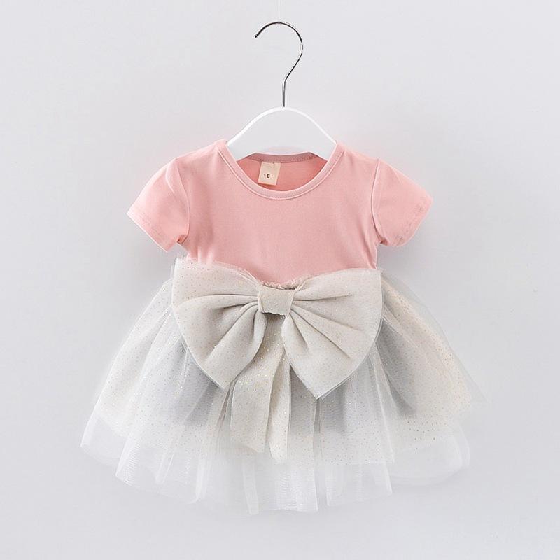 Baby Girls Bow Mesh Splice Color Contrast Princess Dress - PrettyKid