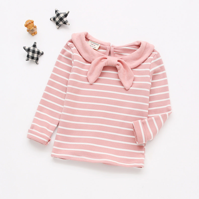 Navy Wind Striped T-shirt Female Baby Cotton Bow Top T-shirt Shirt - PrettyKid