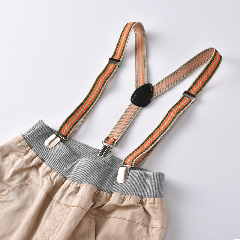Toddler Kids Boys Solid Color Short Sleeved Shirt Bow Tie Gentleman Suspender Shorts Four Piece Set - PrettyKid