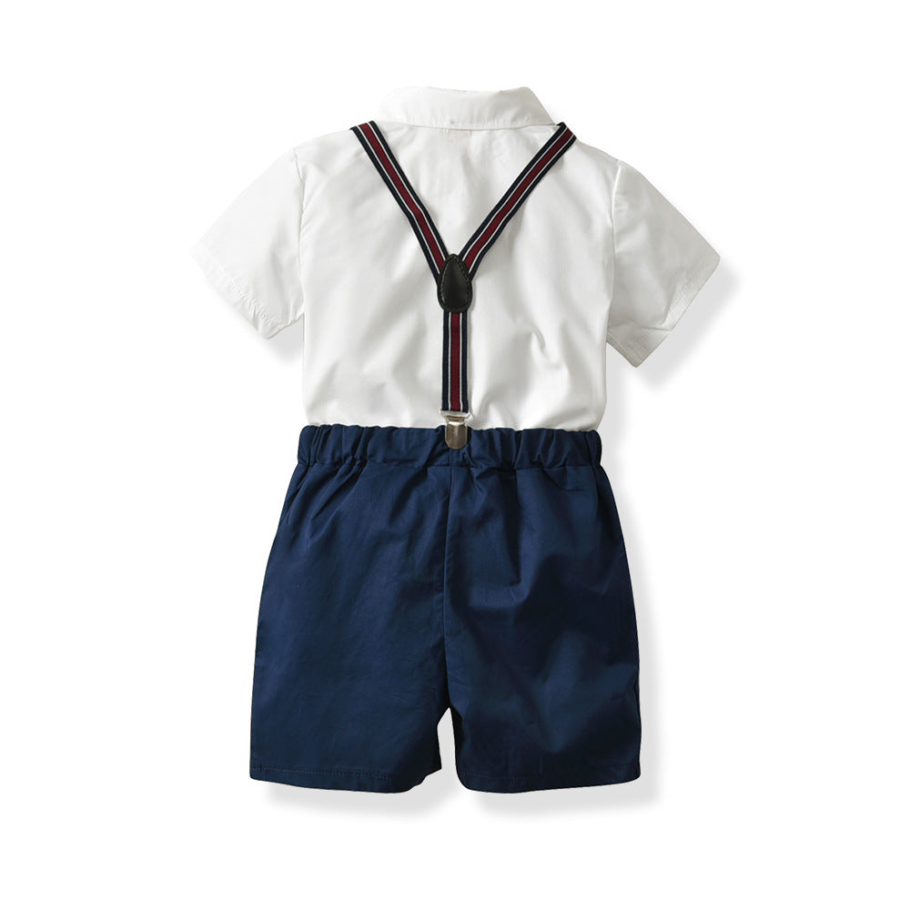 Toddler Kids Boys Solid Color Embroidery Short Sleeved Shirt Bow Tie Gentleman Suspender Shorts Four Piece Set - PrettyKid