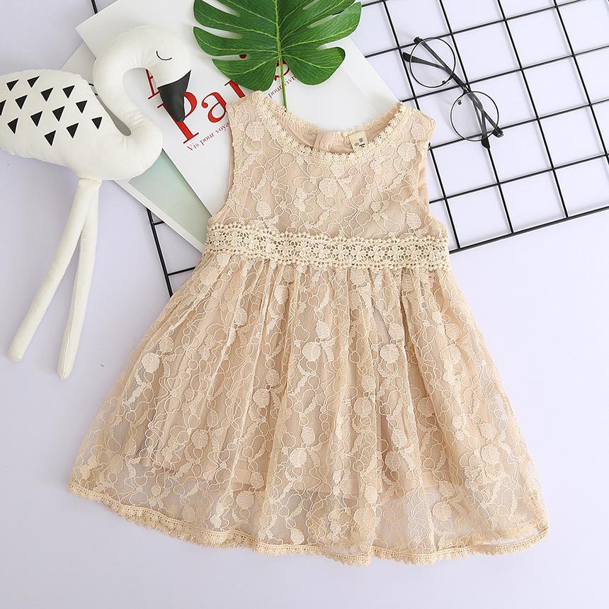 Girls Lace Mesh Dress Round Neck Sleeveless Princess Skirt - PrettyKid