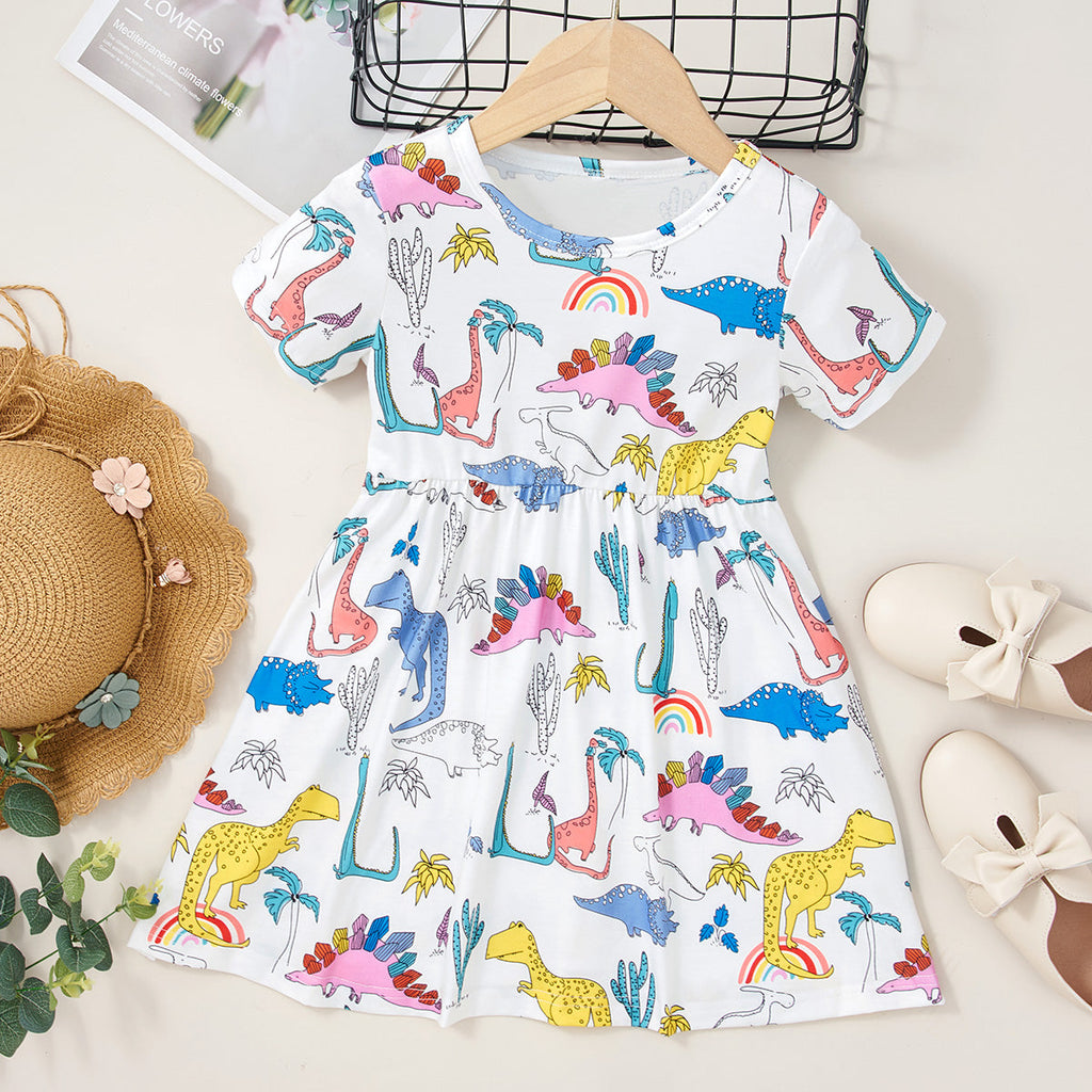 18M-6Y Toddler Girls Dinosaur Print Shorts-Sleeve Dresses Trendy Girl Clothes Wholesale - PrettyKid
