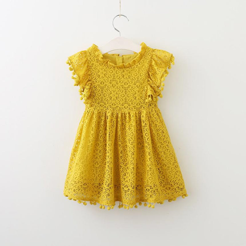 Girls Lace Fly Sleeve Princess Dress Round Neck Hollow Out Dress - PrettyKid