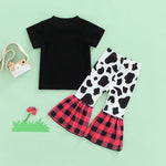 18M-6Y Toddler Girls Sets Cows Print T-Shirts & Plaid Bell Bottom Pants Wholesale Girls Fashion Clothes