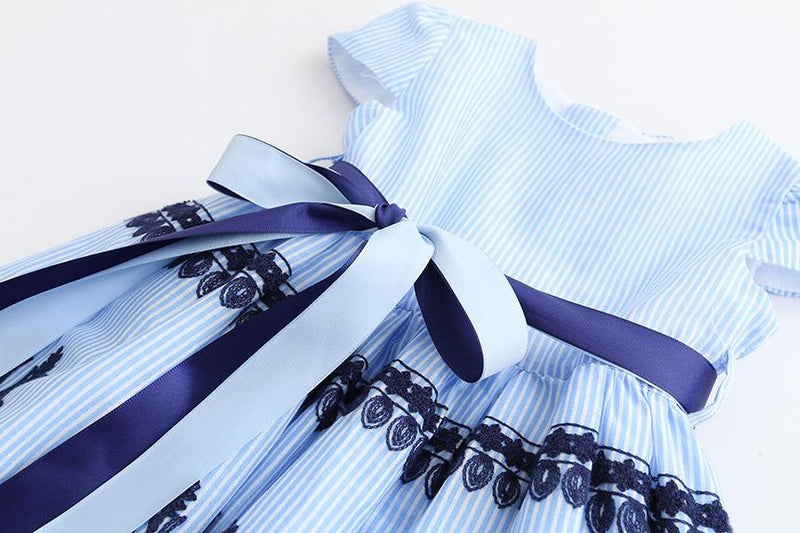 Girls Striped Embroidered Dress Belt Princess Dress - PrettyKid