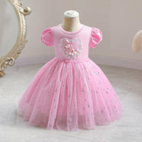 Girl Unicorn Pattern Puff Sleeve Mesh Hem Formal Dress - PrettyKid