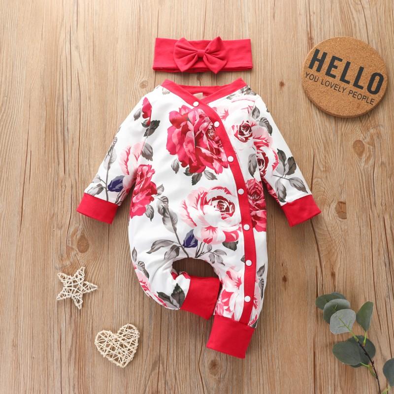 2-piece Floral Printed Jumpsuit & Headband for Baby Girl Wholesale children's clothing - PrettyKid